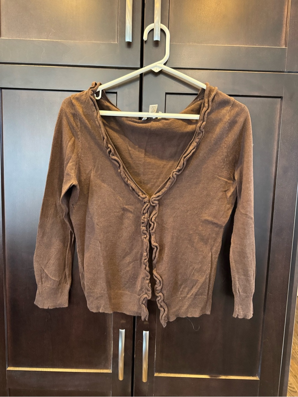 LOFT Brown Ruffle-Trim V-Neck Cardigan